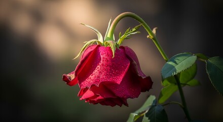 A single, wilting red rose with droplets on its petals, its stem bent over in a garden setting with blurred background.