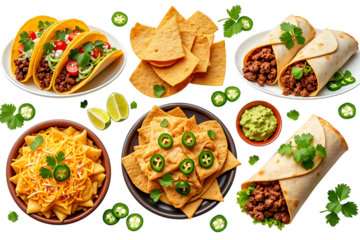  assortment of mexican food including tacos, burritos, nachos, and guacamole, isolated on transparent background