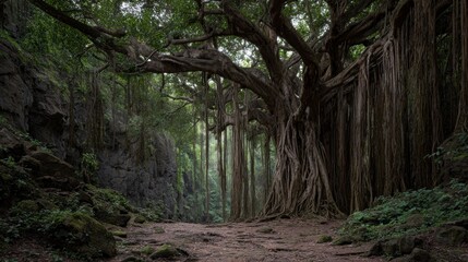 Jungle path through ancient trees