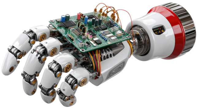 Robotic Hand with Circuit Board: A close-up shot presents a state-of-the-art robotic hand, complete with intricate details, poised, holding a circuit board.