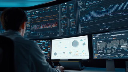 Engineer monitors adaptive AI platform dashboard with real-time analytics in modern high-tech control center