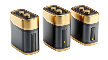 Battery Array: A studio shot showcases three sleek, golden-topped batteries, symbols of power and innovation.