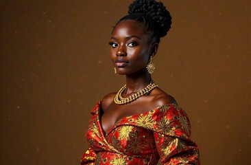Expressive scene filled with vibrant colors, featuring a black woman lovingly posing, evoking joy and self-confidence. African American beauty.