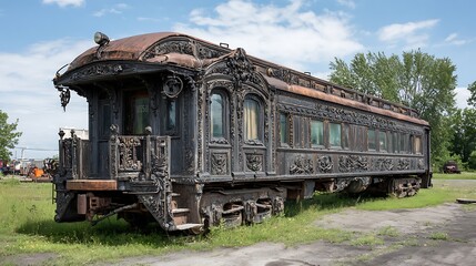 Fototapeta premium Ornate vintage train carriage sits abandoned outdoors, showcasing intricate historical details and weathered charm.
