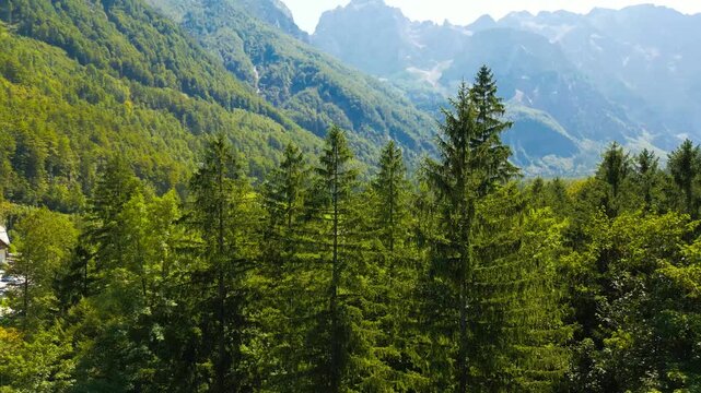 Aerial panoramic view of Logar Valley in Slovenia with vibrant green alpine meadows and dramatic mountain peaks of the Kamnik-Savinja Alps, a top destination for hiking and nature travel lovers