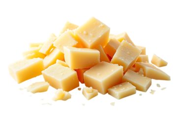 pile of cubed parmesan cheese isolated on transparent background