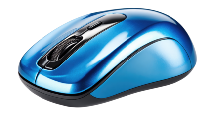 Modern Blue Computer Mouse: A close-up shot of a sleek, modern blue computer mouse, offering a high-tech aesthetic, a primary tool in digital navigation and user interface.