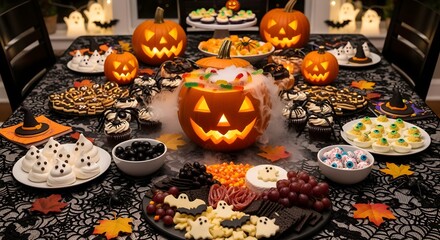 Festive Halloween Party Spread with Cobweb Tablecloth and Pumpkin Punch