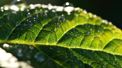 Glowing leaf with dew drops shimmering in sunlight  natural serenity in slow motion - Powered by Adobe