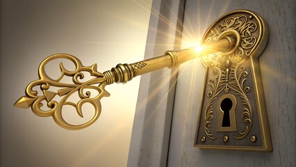 Antique golden skeleton key in an ornate iron door with a light cross