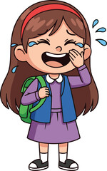 Cartoon crying girl with long brown hair, red headband, purple dress, blue vest, green backpack, emotional expression, vector illustration, cad drawing flat vector illustration