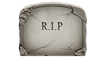 Cracked tombstone with "R.I.P." inscription. Aged, weathered, stone texture. Dark lighting