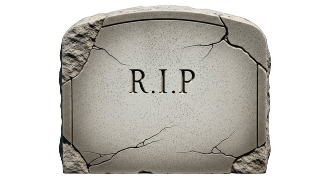Cracked tombstone with "R.I.P." inscription. Aged, weathered, stone texture. Dark lighting