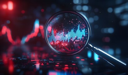 Magnifying glass over a trading chart, with red and blue colors, representing the stock market concept. A 3D rendered illustration, 