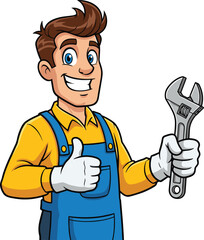 Cartoon mechanic character, smiling man with wrench, thumbs up gesture, professional worker, vector illustration, handyman concept, cad drawing flat vector illustration