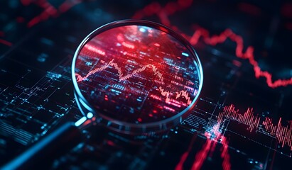 Magnifying glass over a trading chart, with red and blue colors, representing the stock market concept. A 3D rendered illustration, 