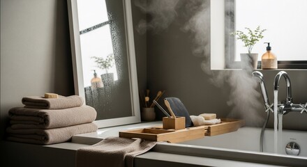 A tranquil, steaming bath being prepared in a modern, earth-toned bathroom sanctuary.