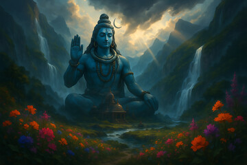 Naklejka premium Serene Shiva Statue Amidst Lush Greenery and Flowing Waterfalls in Spiritual Landscape