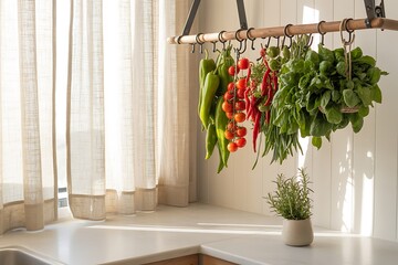 Fresh garden vegetables and herbs hanging in a bright, sunlit kitchen creating a vibrant, healthy atmosphere