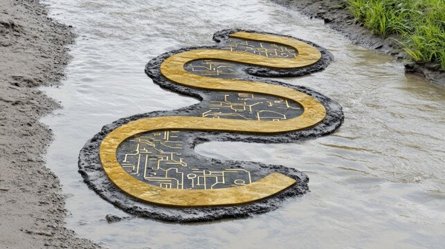 Technological river with a circuit board design flowing through a natural landscape showcasing the