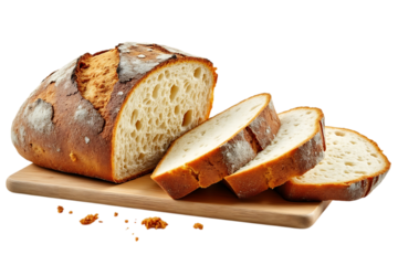  sliced artisan bread loaf on a wooden cutting board isolated on transparent background