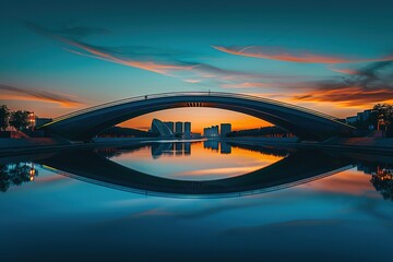 Modern bridge sunset cityscape reflection