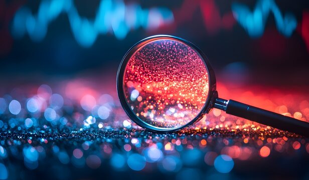 Magnifying glass over a trading chart, with red and blue colors, representing the stock market concept. A 3D rendered illustration,