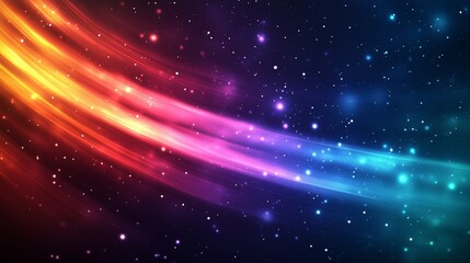 A futuristic, dynamic background with whooshing light trails and sparkling stars in shades of red, pink, and blue.

