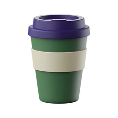 Green reusable coffee cup with purple lid and cream band. Eco friendly, sustainable, takeaway.