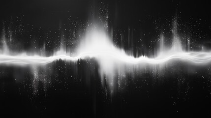 An abstract representation of a sound wave or equalizer on a black background with glowing particles.


