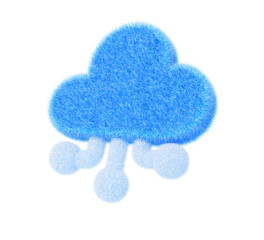 3d blue fur fluffy ai cloud icon render. Artificial intelligence, digital data storage, computing and learning. Fuzzy web technology symbol with chip connection lines, hairy texture
