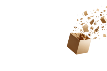 Close-up of a cardboard box falling on a white  isolated on a transparent background in PNG format.