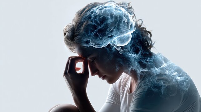 Woman With Headache And Brain Anatomy Illustration