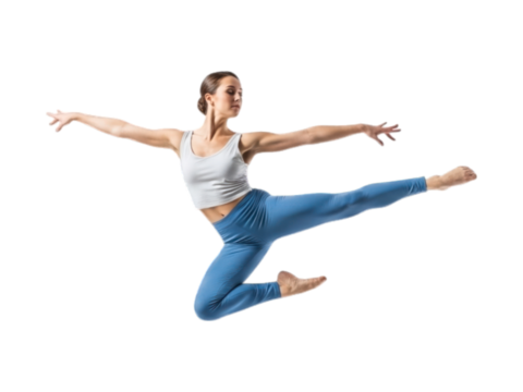 Dancer mid-air leap, graceful pose. White top and blue leggings on black background