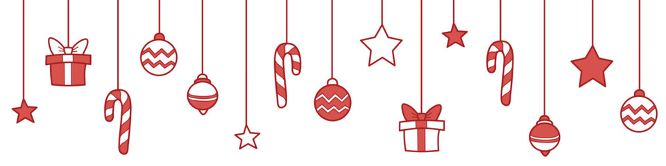 Red and white hanging Christmas decorations including gifts, candy canes, baubles, and stars. Festive horizontal banner perfect for holiday designs and seasonal greetings