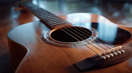 Fototapeta premium Close-Up of Acoustic Guitar on Table
