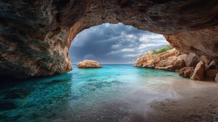 Turquoise Ocean View from Inside a Coastal Rock Cave