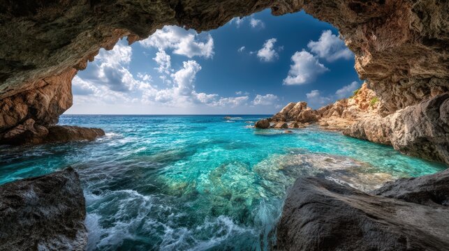 Sea Cave with Ocean View and Blue Water