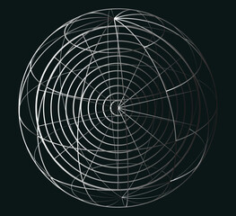  wireframe sphere made of white and gray lines on a dark background