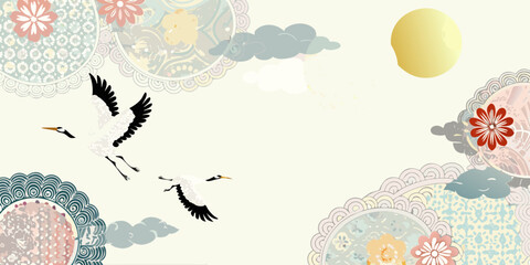 Elegant cranes fly under a full moon with traditional floral motifs