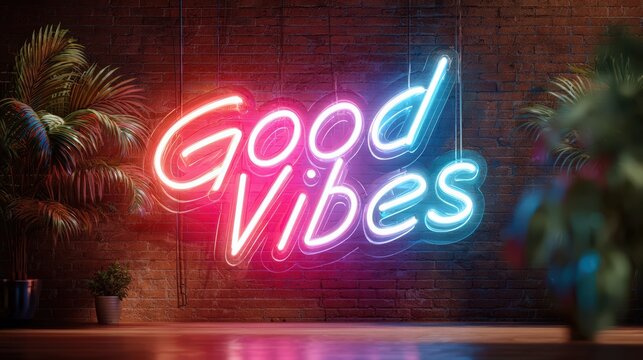 Neon Good Vibes Sign with Plants