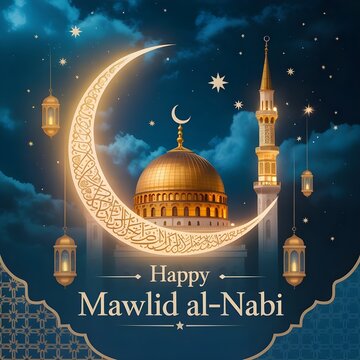  Elegant Mawlid al-Nabi Islamic Greeting with Golden Crescent Moon, Mosque Dome, and Lanterns