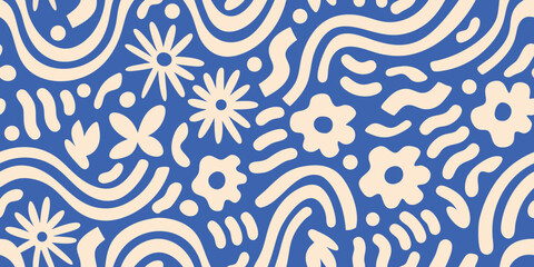 Abstract floral and wavy pattern in cream and blue