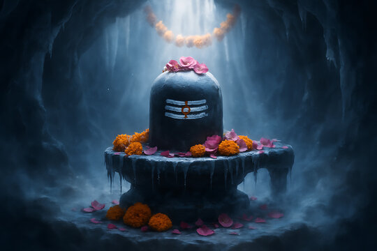 Holy Shiva Lingam with Floral Garland and Petals in Ethereal Cave Ambience