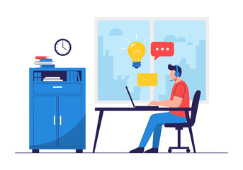 Young man working on a laptop from home in a modern office with bright ideas and communication icons floating around him signifying online learning