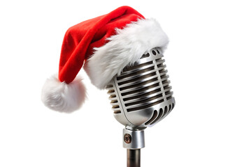 vintage mic with santa hat isolated on white background PNG , AI GENERATED