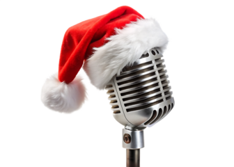  vintage mic with santa hat  isolated on white background PNG , AI GENERATED