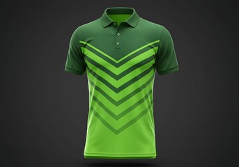 Close-up of a vibrant green and lime-green polo shirt with a v-shaped pattern.