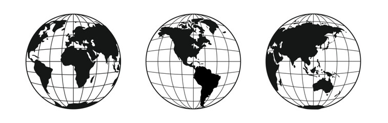 Globe icons, world map silhouette, black and white Earth and continents, global planet elements, geographic sphere world wide graphics for infographics, education. Vector isolated set © Ukio.stock