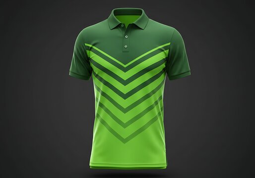Close-up of a vibrant green and lime-green polo shirt with a v-shaped pattern.